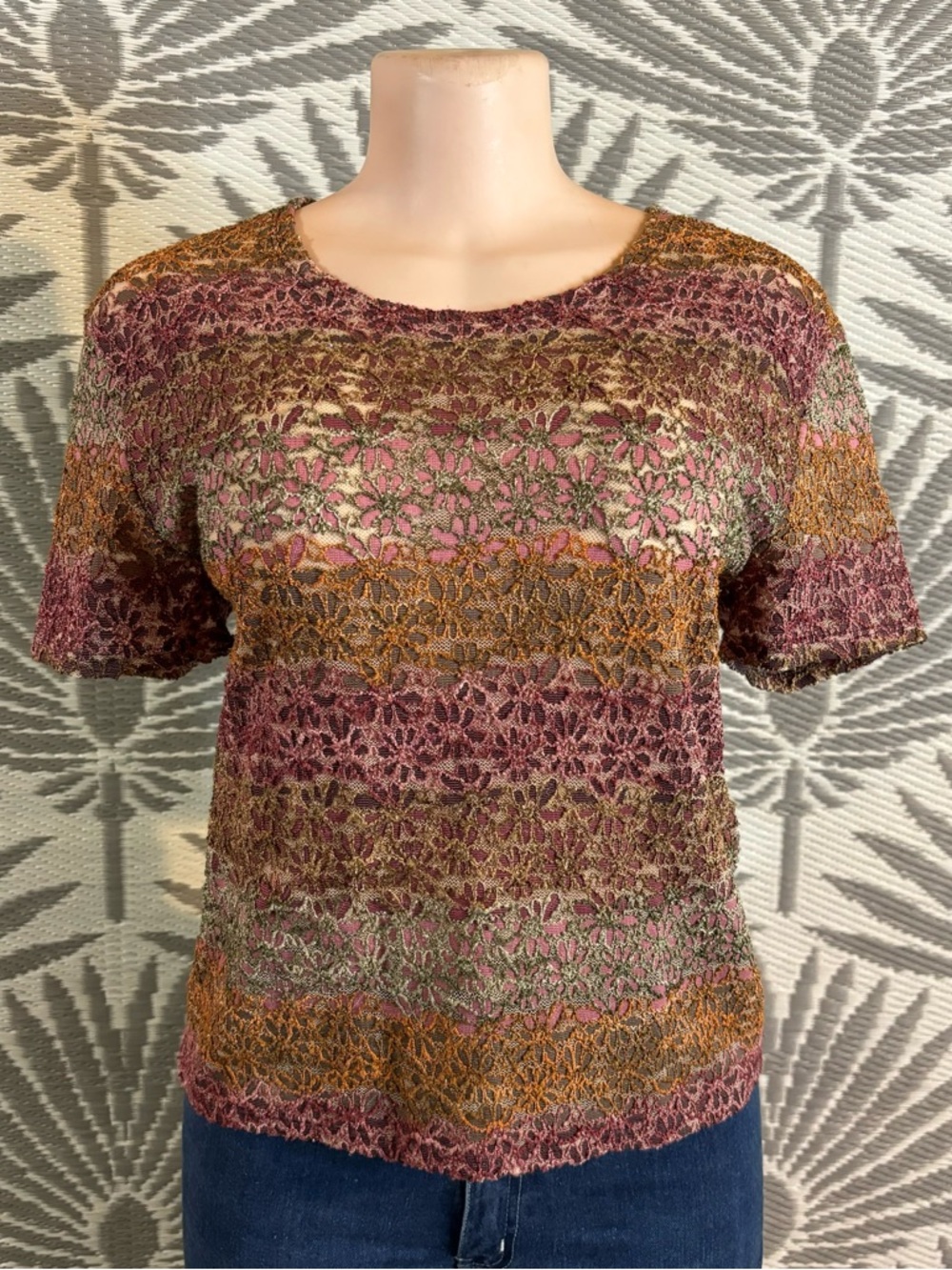Vtg Floral Mesh Top Shirt Embroidered pink Women’s Sz M 90s Y2K festival MOD